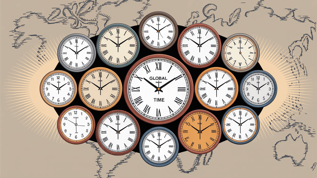 Multiple clocks showing different time zones illustrating email scheduling timing confusion